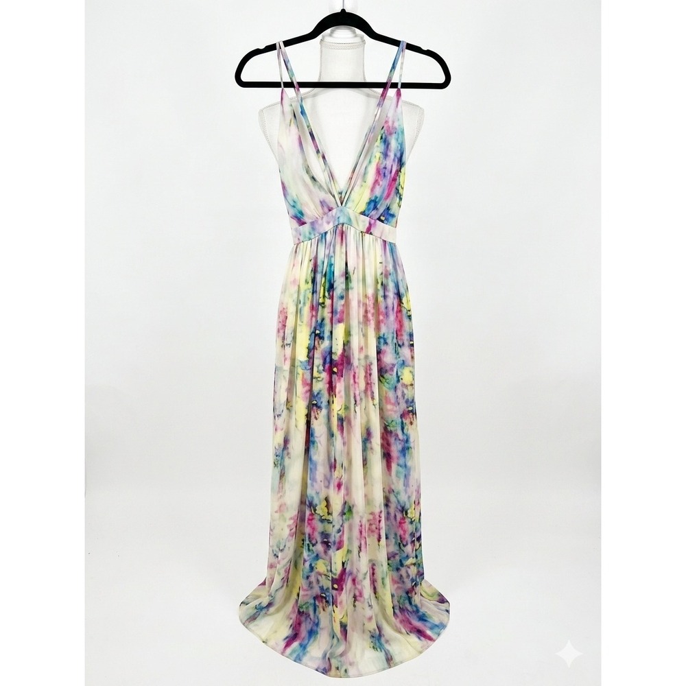 Vestique Watercolor Floral Maxi Dress Small Strappy Back V-Neck Abstract Chiffon